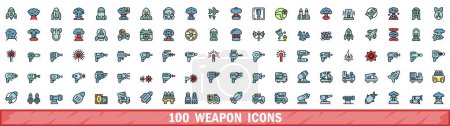 100 iconos de armas listos. Línea de color conjunto de iconos vectoriales de armas delgada línea de color plano en blanco