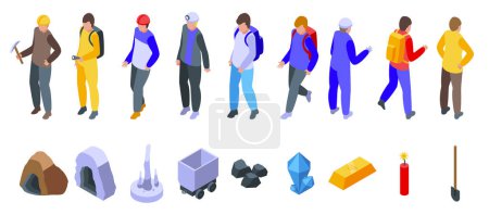 Illustration for Man inside cave icons set isometric vector. Traveler mountain. Hiker trip - Royalty Free Image
