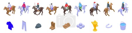Horse rider playing polos game icons set isometric vector. Stick mallet. Team match