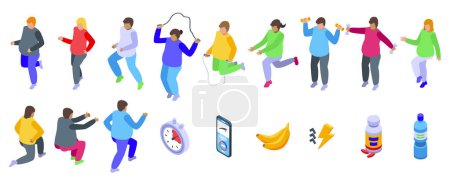 Fat burning workout icons set isometric vector. Jump exercise. Weight loss Stickers 712710068