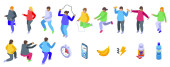 Fat burning workout icons set isometric vector. Jump exercise. Weight loss Stickers #712710068