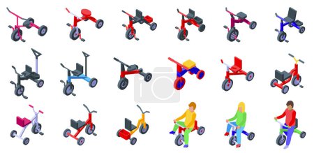 Ilustración de Niños iconos de triciclo conjunto isométrico vector. Montar en bicicleta. Transporte de caracteres - Imagen libre de derechos