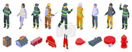 Téléchargez les illustrations : Icônes de travail pompier ensemble vecteur isométrique. Caractère adulte. Équipement uniforme - en licence libre de droit