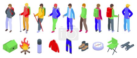 Ilustración de Hombre trekking iconos de viaje conjunto vector isométrico. Turista activo. Persona caminando - Imagen libre de derechos
