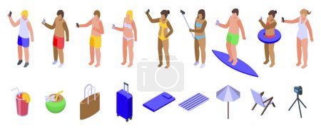 Selfie verano playa iconos conjunto vector isométrico. Felices vacaciones. Vacaciones en la costa
