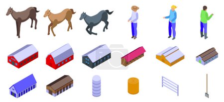 Farm stable icons set isometric vector. Wooden interior. House ranch