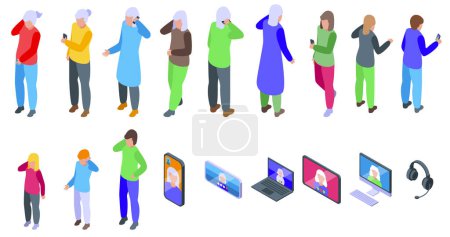 Illustration for Calling granny icons set isometric vector. Speaking telephone. Social family - Royalty Free Image
