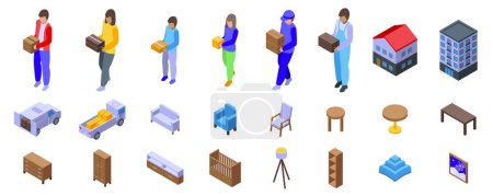 Family moving house icons set isometric vector. Home furniture. Estate property