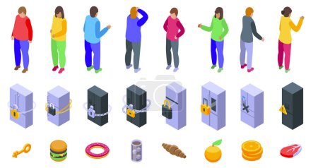 Locked fridge icons set isometric vector. Chained eating. Healthy food