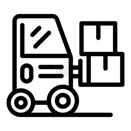 Téléchargez les illustrations : Vecteur de contour d'icône de chariot élévateur d'entrepôt. Boîtes d'expédition. Machine de camion de livraison - en licence libre de droit