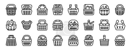 Los iconos de la cesta de mimbre establecen el vector de contorno. Comida de picnic. Snack almuerzo al aire libre