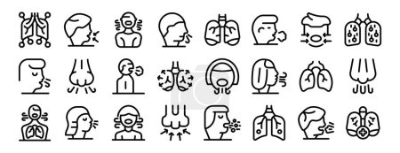 Deep breath icons set outline vector. Exercise abdominal. Mind face
