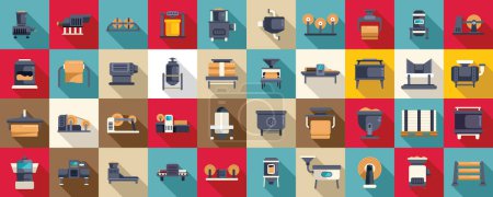 Illustration for Equipment for paper production icons set flat vector. Factory roll. Wood process - Royalty Free Image