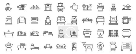 Equipment for paper production icons set outline vector. Factory roll. Wood process