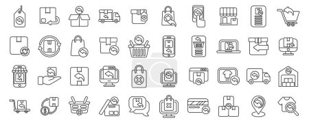 Returning goods to the shop icons set outline vector. Refund product. Customer policy
