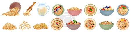 Iconos de avena conjunto vector de dibujos animados. Cereales Muesli. Copa de comida en escamas