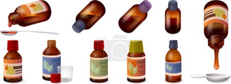 Ilustración de Conjunto de iconos de jarabe para la tos vector de dibujos animados. Frasco de dosificación. Droguería de medicina - Imagen libre de derechos