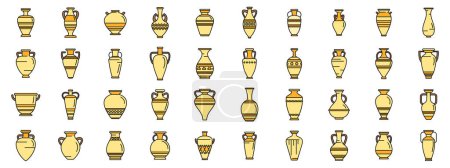 Amphora icons set outline vector. Vase pottery. Greek jar thin line color flat on white