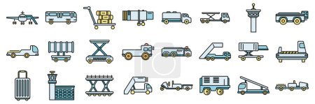 Airport ground support service icons set outline vector. Cargo aero. Tail airplane thin line color flat on white