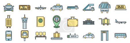 Illustration for Airport transfer icons set outline vector. Flight lost. Time baggage thin line color flat on white - Royalty Free Image