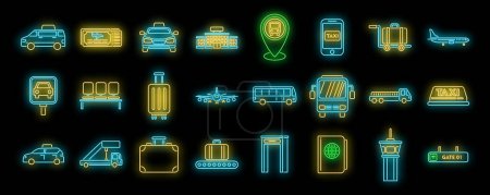 Illustration for Airport transfer icons set outline vector. Flight lost. Time baggage neon color on black - Royalty Free Image