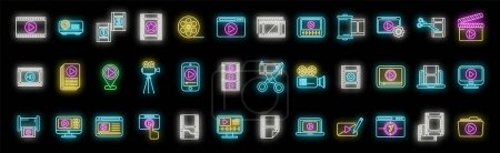 Clip montage icons set outline vector. Studio film. Movie production neon color on black
