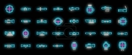 Telescopic sight icons set outline vector. Sniper scope. Target cross neon color on black