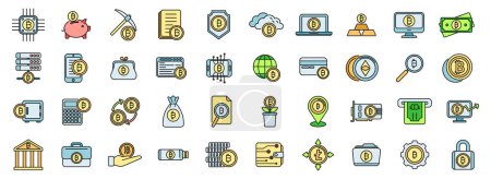 Cryptocurrency icons set outline vector. Blockchain ledger. Miner innovation thin line color flat on white