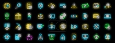 Cryptocurrency icons set outline vector. Blockchain ledger. Miner innovation neon color on black
