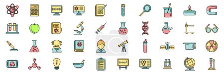 Research scientist icons set outline vector. Lab formula. Medical chemical thin line color flat on white