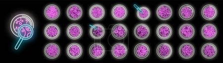 Petrischalen-Symbole geben Umrissvektoren vor. Bakterien experimentieren. Tellerkultur neonfarben auf schwarz