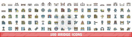 Téléchargez les illustrations : Ensemble de 100 icônes de pont. Jeu de lignes de couleurs d'icônes vectorielles de pont couleur de ligne mince à plat sur blanc - en licence libre de droit