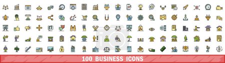 Ilustración de 100 iconos de negocios. Línea de color conjunto de iconos vectoriales de negocios línea delgada de color plano en blanco - Imagen libre de derechos