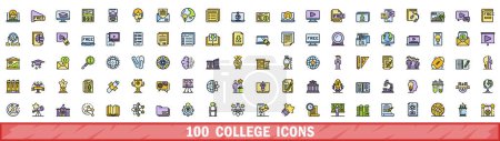100 college icons set. Color line set of college vector icons thin line color flat on white