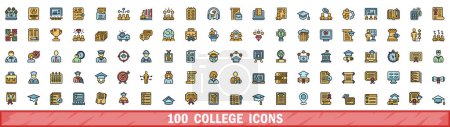100 college icons set. Color line set of college vector icons thin line color flat on white