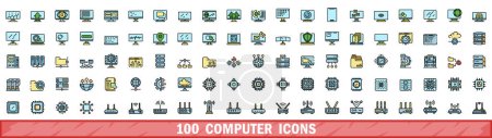 100 computer icons set. Color line set of computer vector icons thin line color flat on white