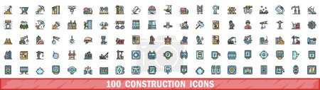 Téléchargez les illustrations : Ensemble de 100 icônes de construction. Ensemble de lignes de couleurs d'icônes vectorielles de construction couleur de ligne mince à plat sur blanc - en licence libre de droit