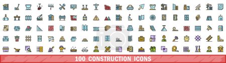Téléchargez les illustrations : Ensemble de 100 icônes de construction. Ensemble de lignes de couleurs d'icônes vectorielles de construction couleur de ligne mince à plat sur blanc - en licence libre de droit