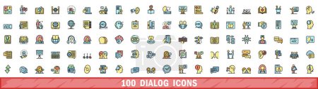 Ensemble de 100 icônes de dialogue. Jeu de lignes de couleurs d'icônes vectorielles de dialogue couleur de ligne mince à plat sur blanc
