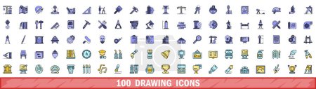 Téléchargez les illustrations : Ensemble de 100 icônes de dessin. Jeu de lignes de couleurs d'icônes vectorielles dessin ligne mince couleur plate sur blanc - en licence libre de droit
