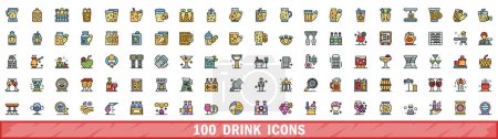 100 Drink-Ikonen gesetzt. Farbe Linie Set von Getränkevektorsymbolen dünne Linie Farbe flach auf weiß