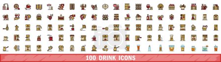 100 Drink-Ikonen gesetzt. Farbe Linie Set von Getränkevektorsymbolen dünne Linie Farbe flach auf weiß