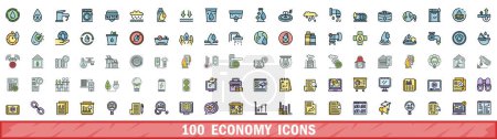 Téléchargez les illustrations : Ensemble de 100 icônes économiques. Ensemble de lignes de couleurs d'icônes vectorielles économiques couleur de ligne mince à plat sur blanc - en licence libre de droit