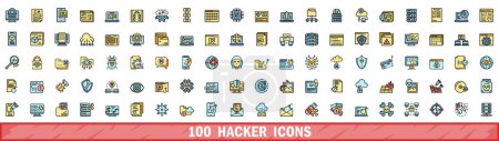 100 Hacker-Icons gesetzt. Farbe Linie Satz von Hacker-Vektor-Symbole dünne Linie Farbe flach auf weiß