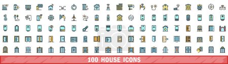 Téléchargez les illustrations : Ensemble de 100 icônes de maison. Ensemble de lignes de couleurs d'icônes vectorielles de maison couleur de ligne mince à plat sur blanc - en licence libre de droit