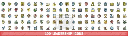 100 iconos de liderazgo establecidos. Línea de color conjunto de iconos vectoriales de liderazgo línea delgada de color plano en blanco