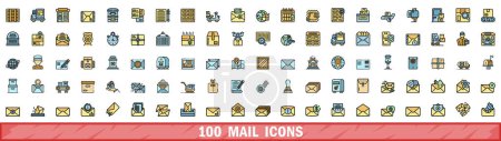 Ensemble de 100 icônes mail. Ensemble de lignes de couleur d'icônes vectorielles de courrier couleur de ligne mince à plat sur blanc