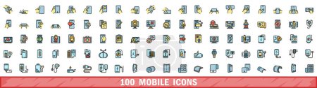 100 mobile icons set. Color line set of mobile vector icons thin line color flat on white