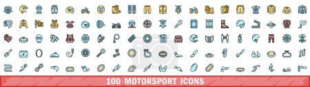 Ensemble de 100 icônes du sport automobile. Jeu de lignes de couleurs d'icônes vectorielles sport automobile couleur de ligne mince plat sur blanc