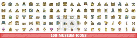 Ilustración de 100 iconos del museo. Conjunto de línea de color de iconos vectoriales museo línea delgada de color plano en blanco - Imagen libre de derechos